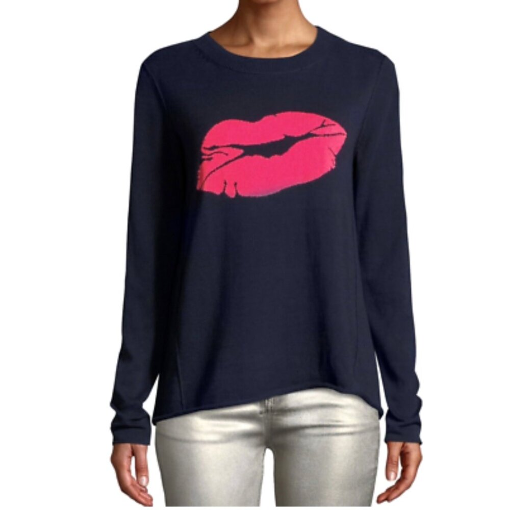 Lisa Todd Navy Blue Lip Print Sweater Kiss & Tell Size Petite Large
